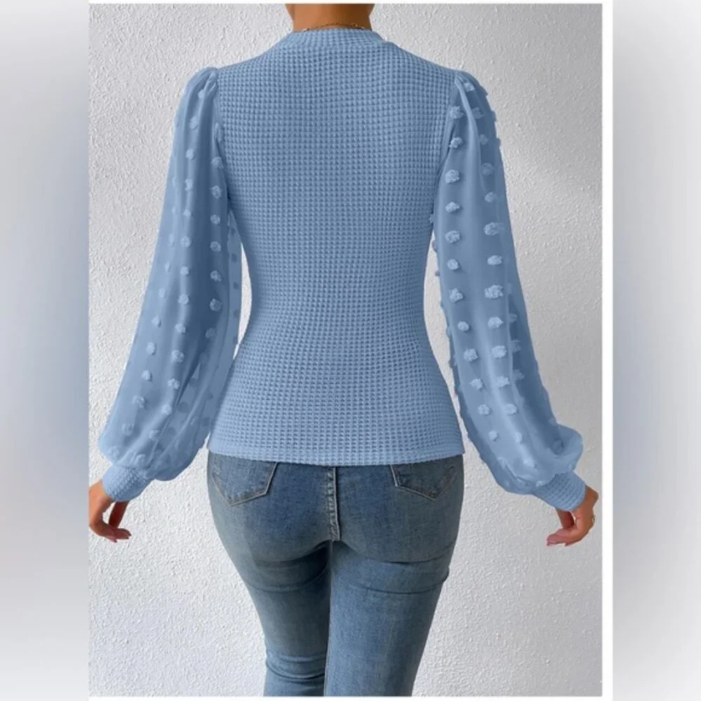 Swiss Dot Lantern Sleeve Mock Neck Top Light Blue